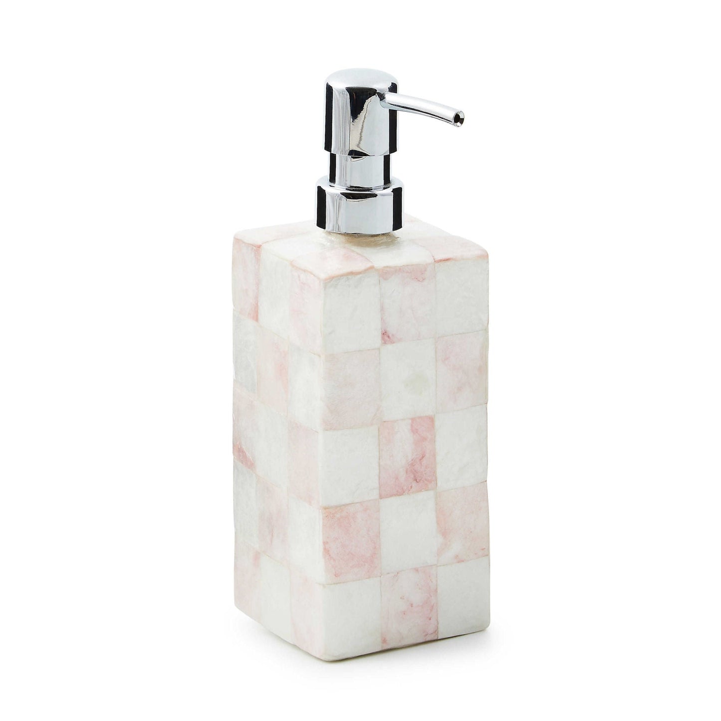 Dávkovač mýdla Capiz Rosy Check od MacKenzie-Childs, vkládaný růžový kostkovaný vzor na průsvitných lasturách capiz s perleťovým leskem, Waterfall Bathrooms.