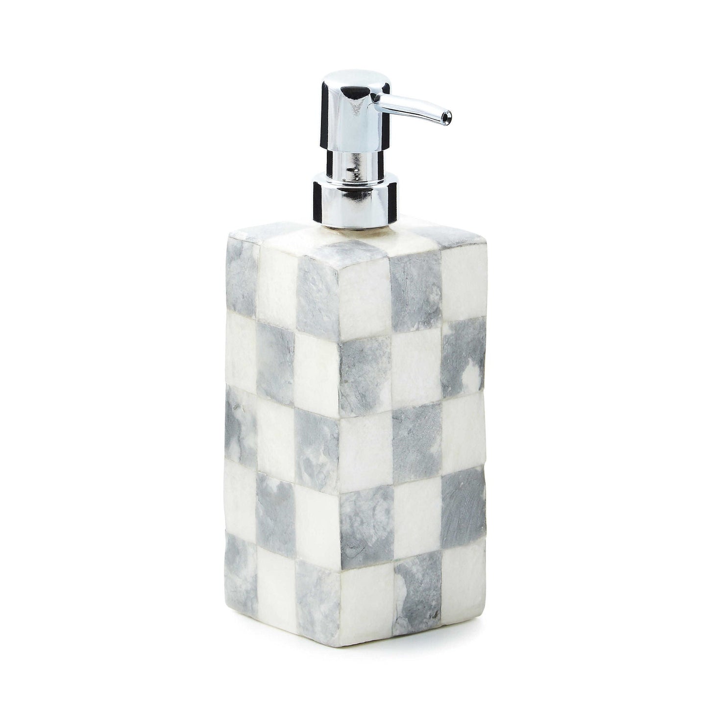 Dávkovač mýdla Capiz Sterling Check od MacKenzie-Childs, vkládaný šedý kostkovaný vzor na průsvitných lasturách capiz s perleťovým leskem, Waterfall Bathrooms.