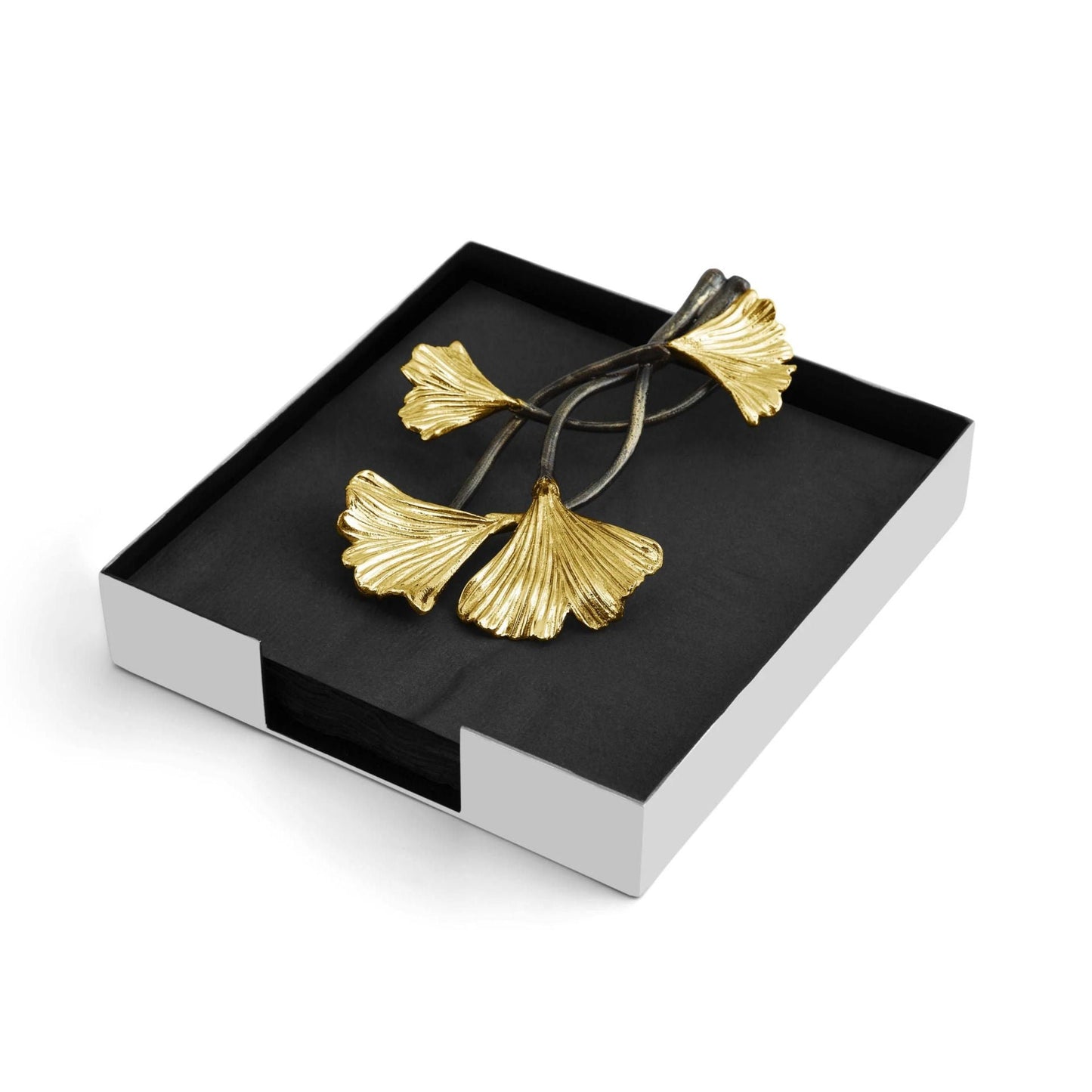 Držák na ubrousky Golden Ginkgo od Michael Aram z mosazi a nerezové oceli, dostupný jako koktejlový a jídelní držák, s motivem zvlněných ginkgo listů, Waterfall Bathrooms.