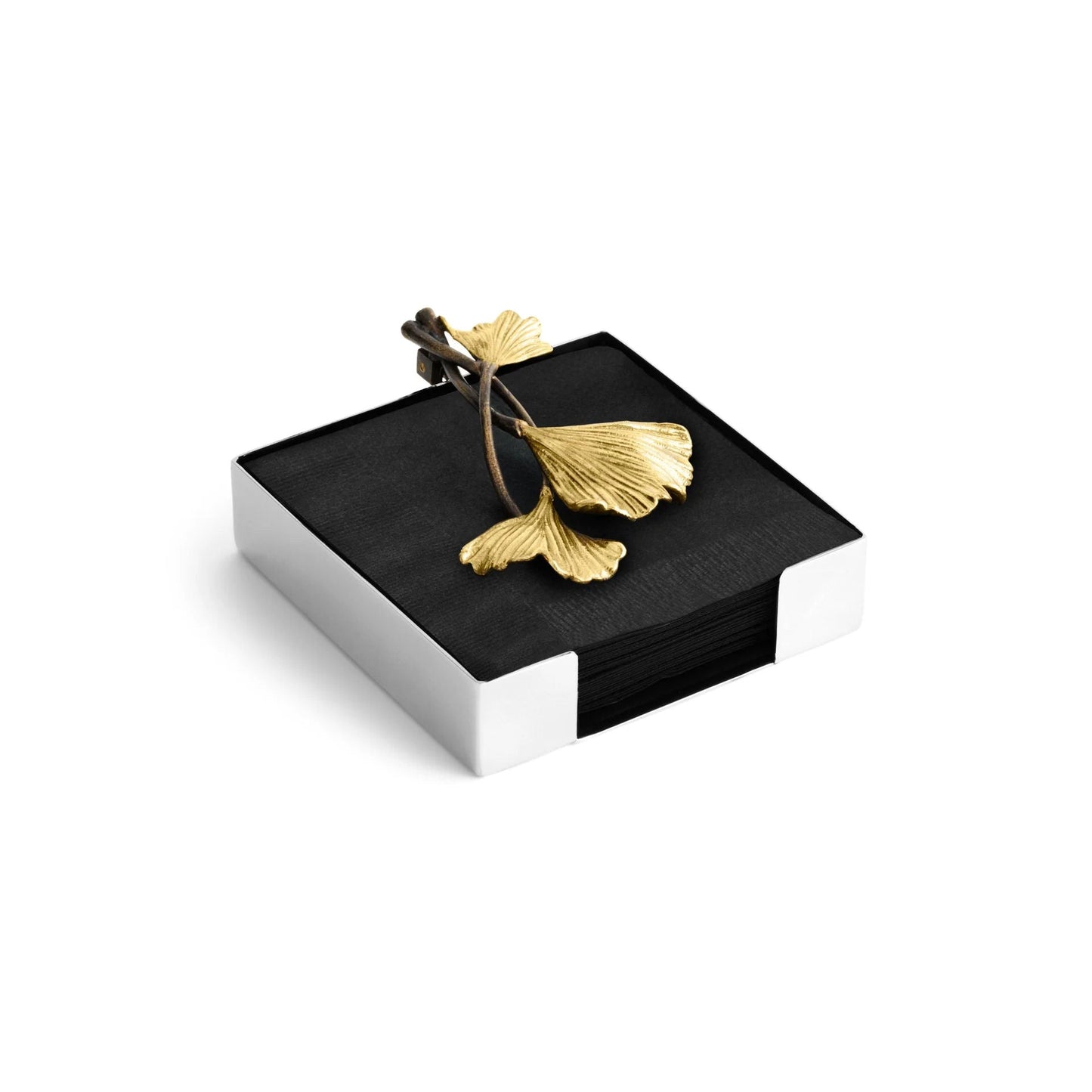 Držák na ubrousky Golden Ginkgo od Michael Aram z mosazi a nerezové oceli, dostupný jako koktejlový a jídelní držák, s motivem zvlněných ginkgo listů, Waterfall Bathrooms.