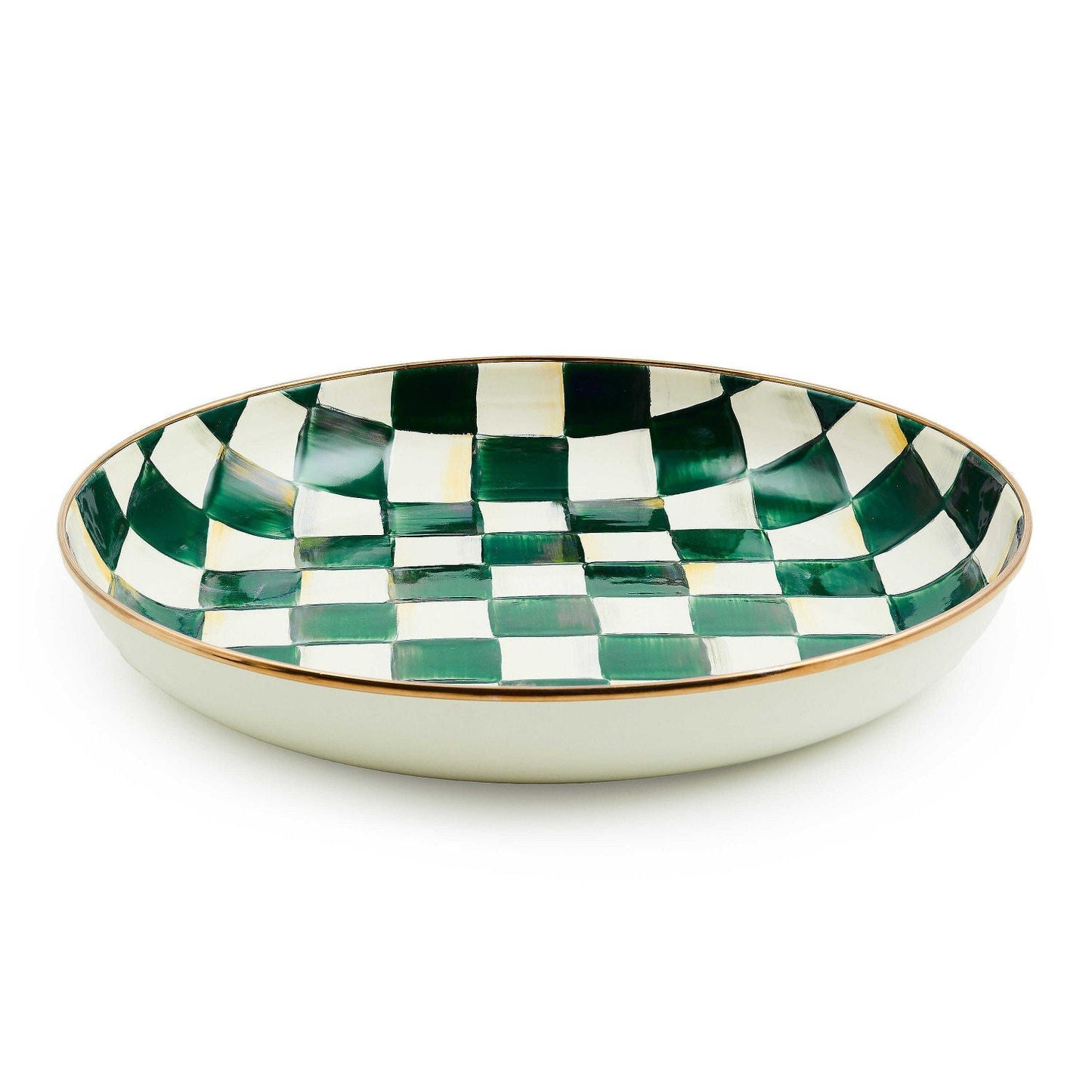 Miska Abundant Emerald Check od MacKenzie-Childs se zeleným kostkovaným vzorem, Waterfall Bathrooms.