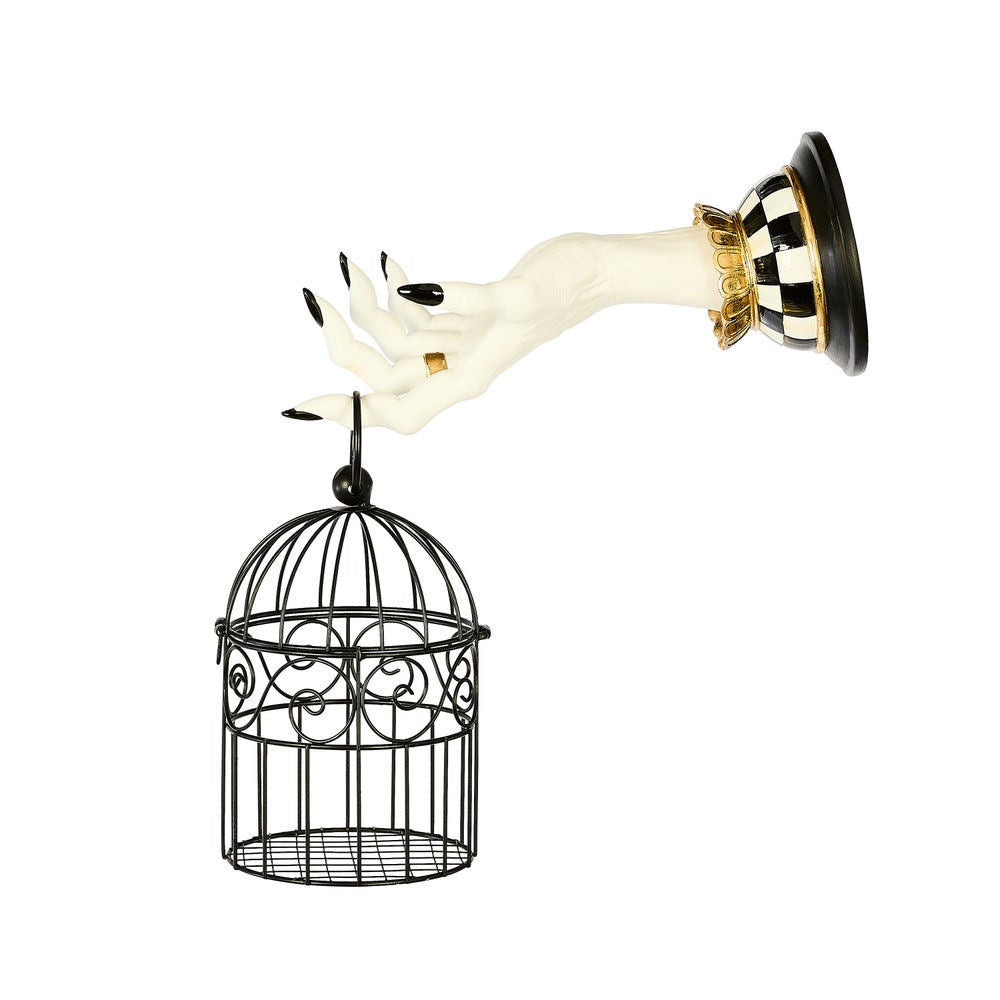 Strašidelná nástěnná dekorace ve tvaru ruky držící lucernu s černo-bílými detaily Courtly Check MacKenzie-Childs Waterfall Bathrooms