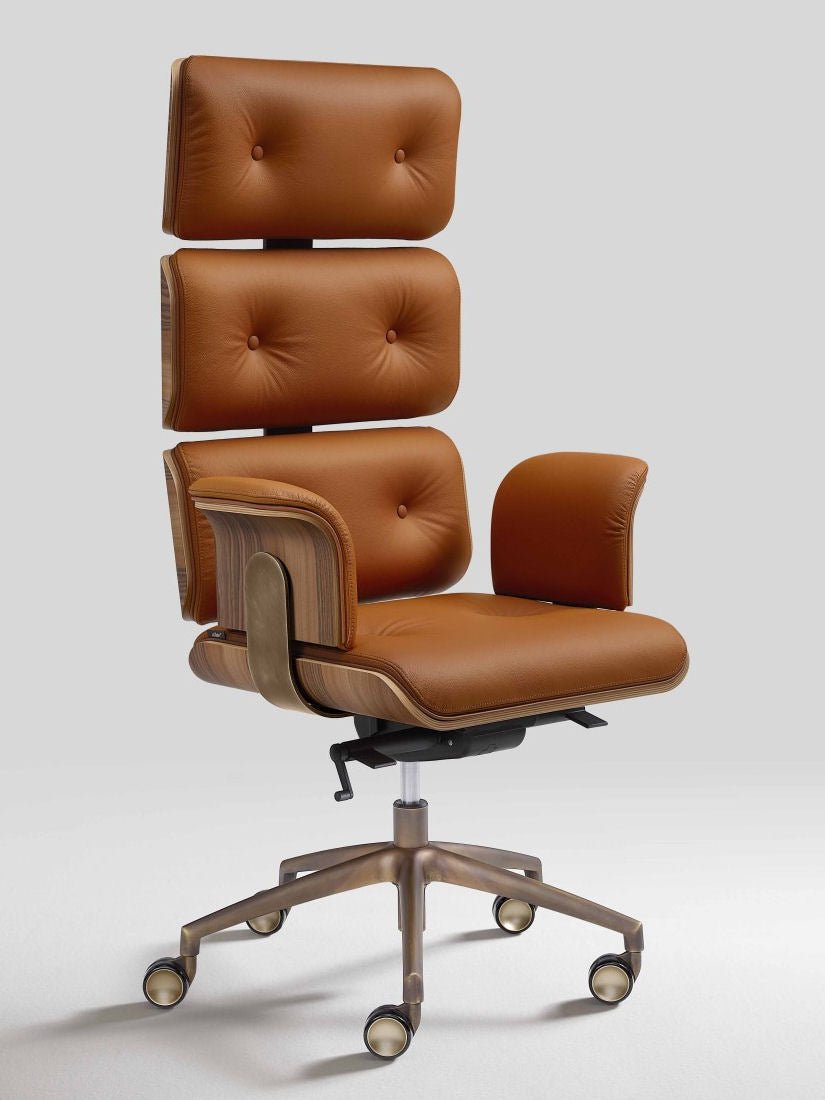 Presidential Swivel Armchair Armadillo In Genuine Leather And Bronze Base - |VESIMI Design|