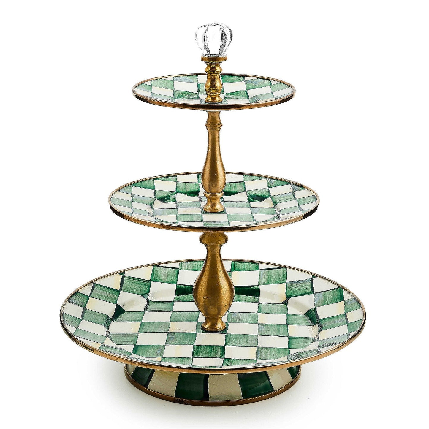 Třípatrový servírovací tác Emerald Check od MacKenzie-Childs se zeleným kostkovaným vzorem, Waterfall Bathrooms.