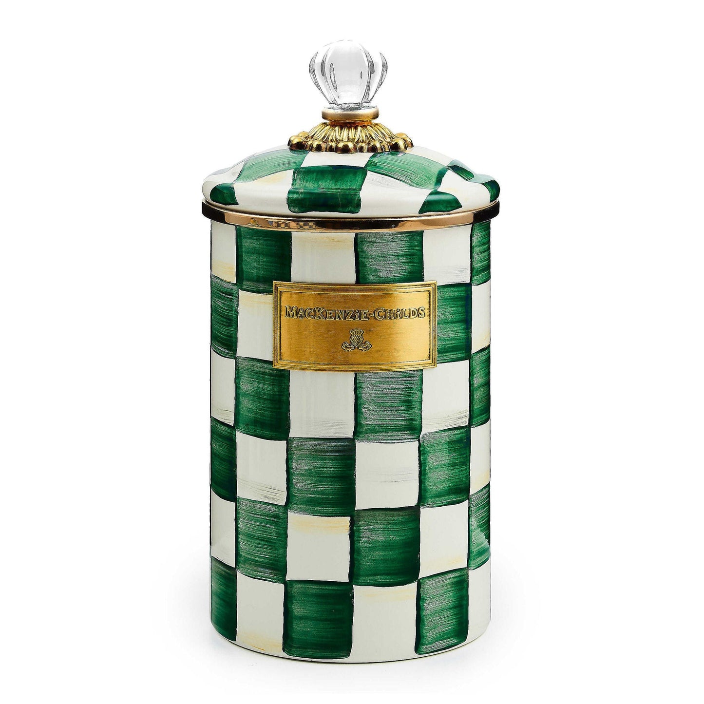 Velká dóza Emerald Check od MacKenzie-Childs se zeleným kostkovaným vzorem, Waterfall Bathrooms.
