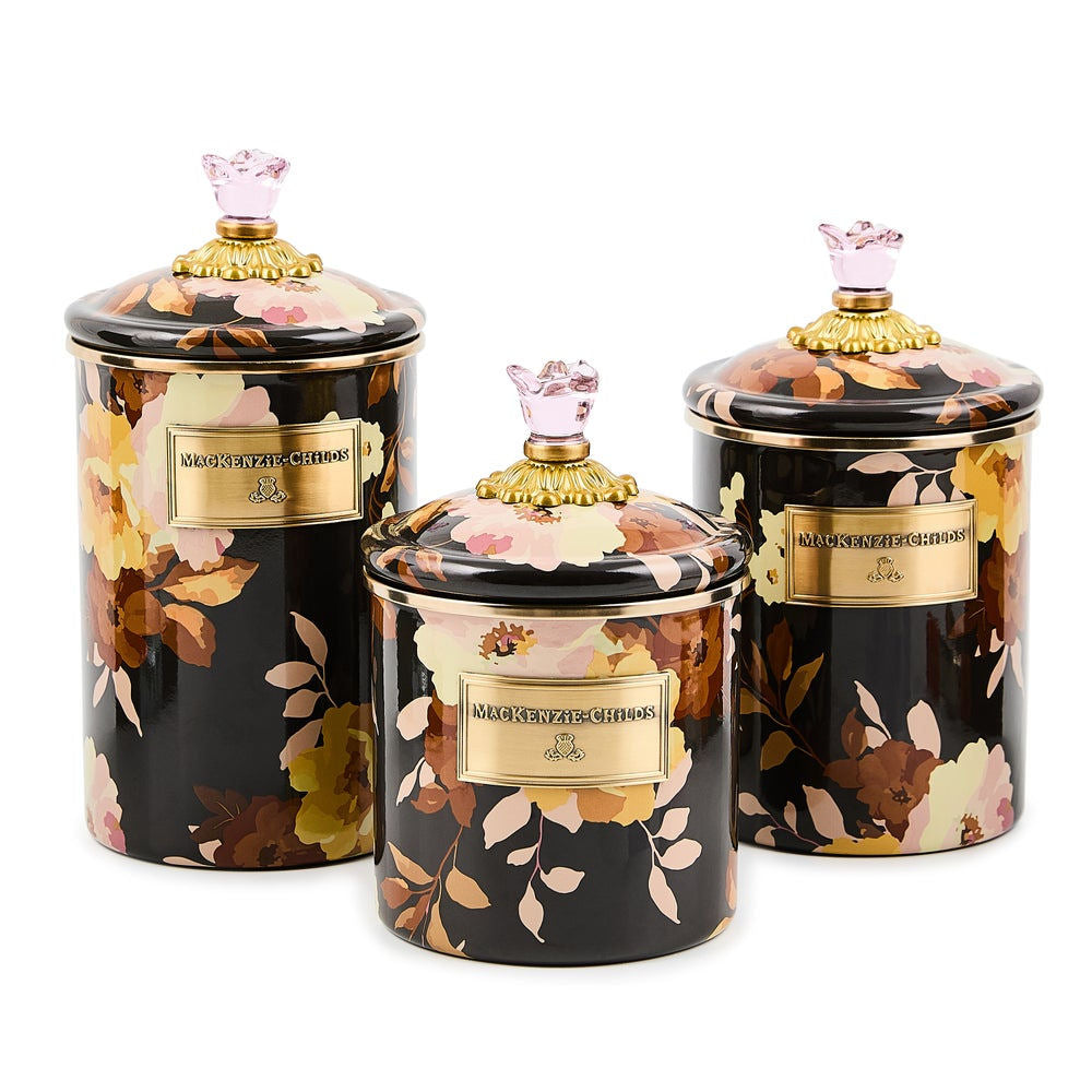 Velká dóza Wild Rose Brown od MacKenzie-Childs s ručně malovaným květinovým vzorem, Waterfall Bathrooms.