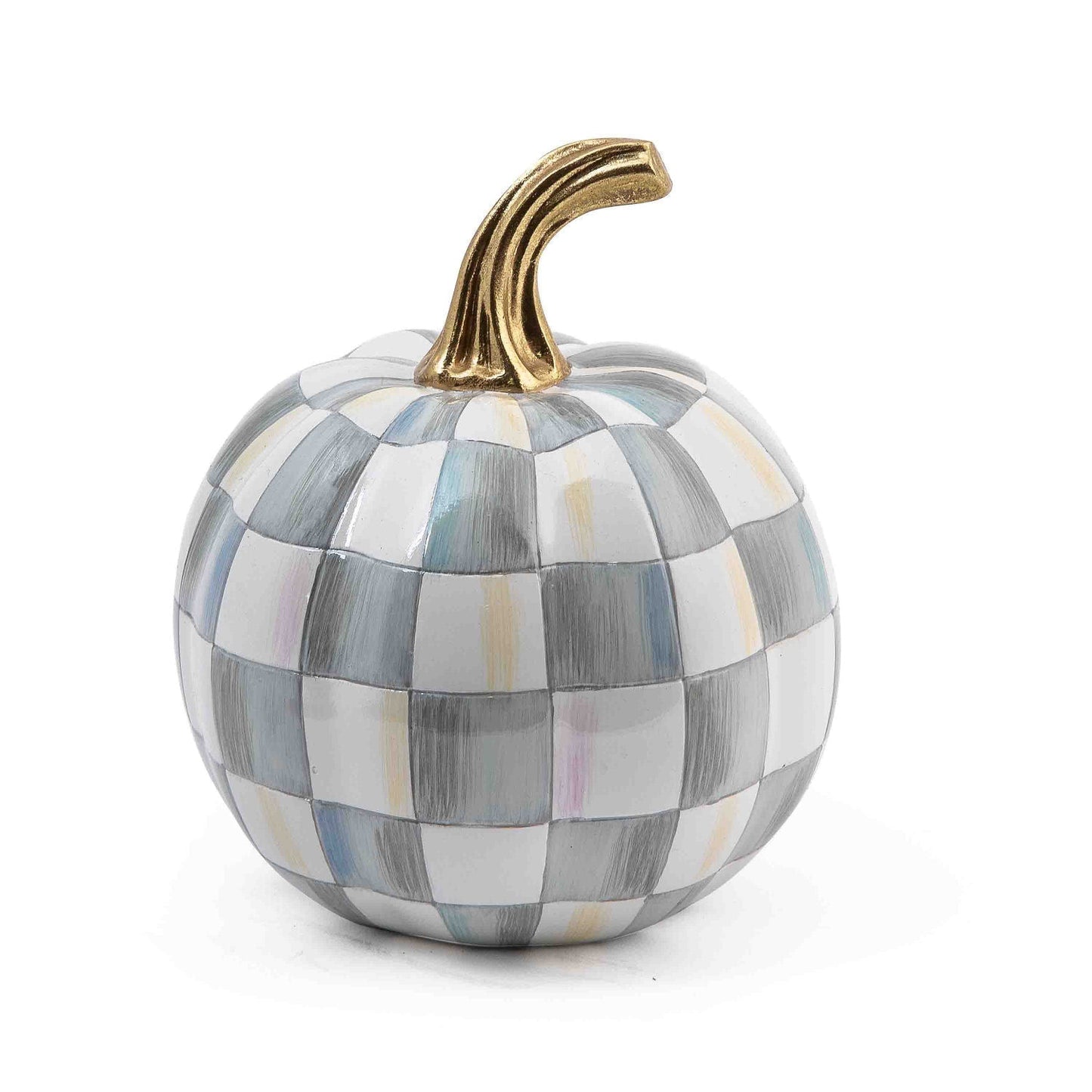 Mini halloweenská dýně Sterling Check od MacKenzie-Childs, pryskyřice, šedé šachovnice, stonek se zlatým listem, Waterfall Bathrooms.
