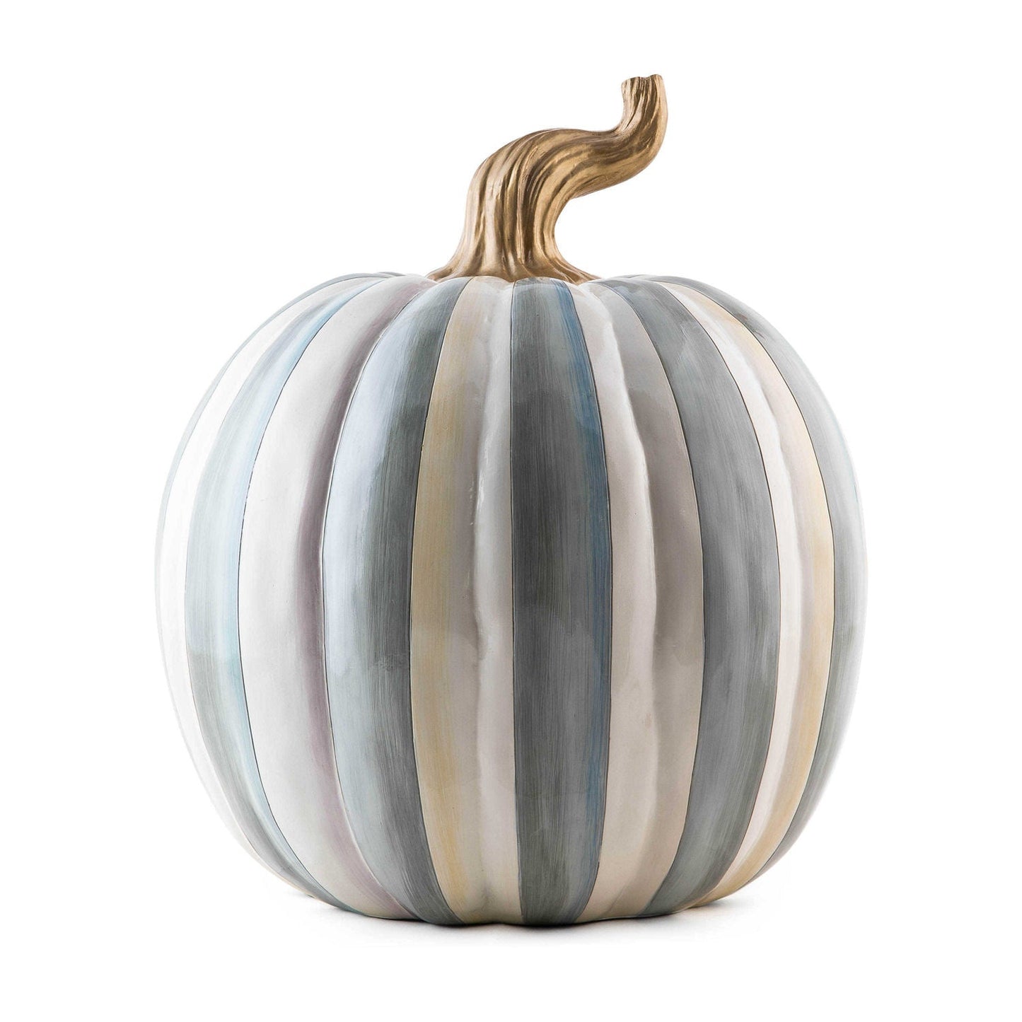 Střední halloweenská dýně Sterling Stripe od MacKenzie-Childs, pryskyřice, šedé pruhy, stonek se zlatým listem, Waterfall Bathrooms.