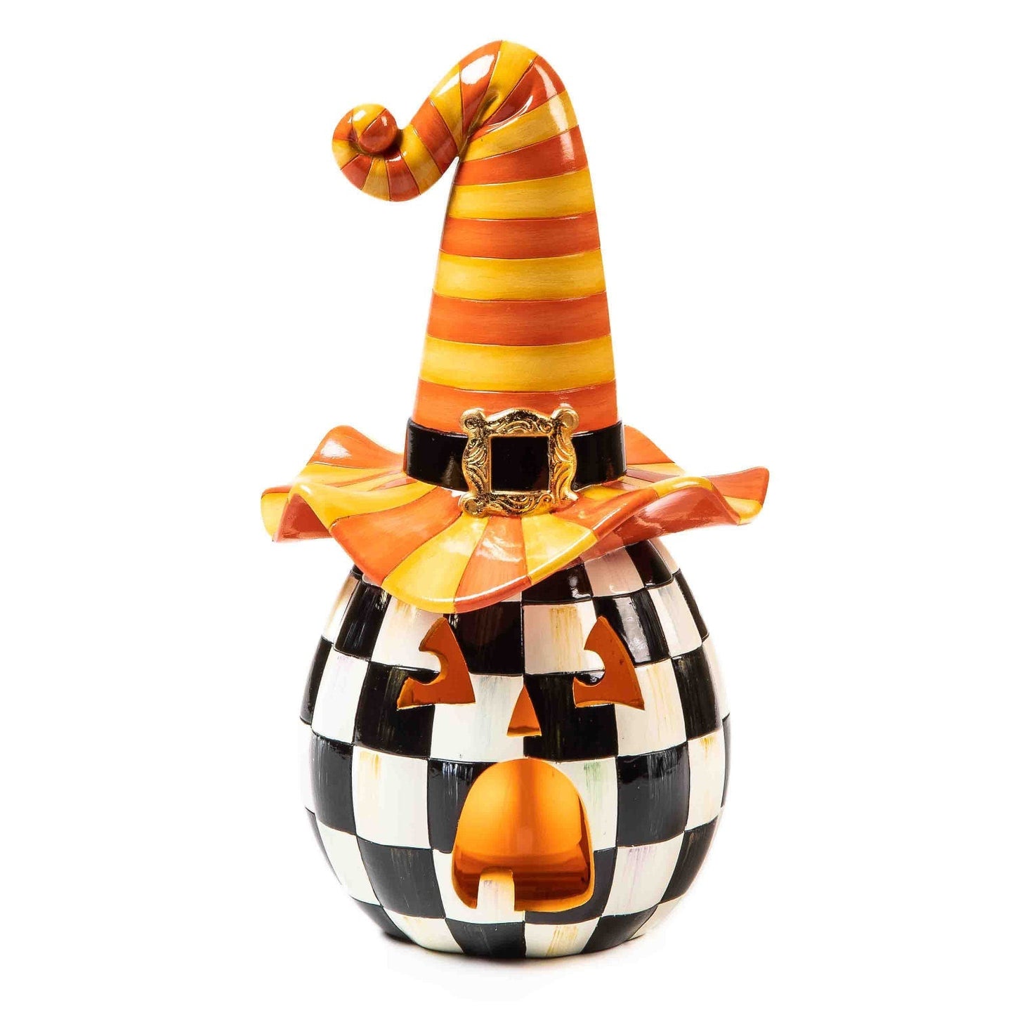 Svítící halloweenská dýně Happy Jack s oranžovým kloboukem od MacKenzie-Childs, pryskyřice, černobílý šachovnicový vzor Courtly Check, LED světlo na baterie, Waterfall Bathrooms.