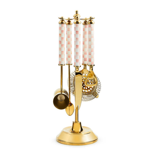 Barmanský set Rosy Check 3260 Gold od MacKenzie-Childs, zlatá nerezová ocel, růžový kostkovaný vzor Rosy Check na rukojetích, stojan.
