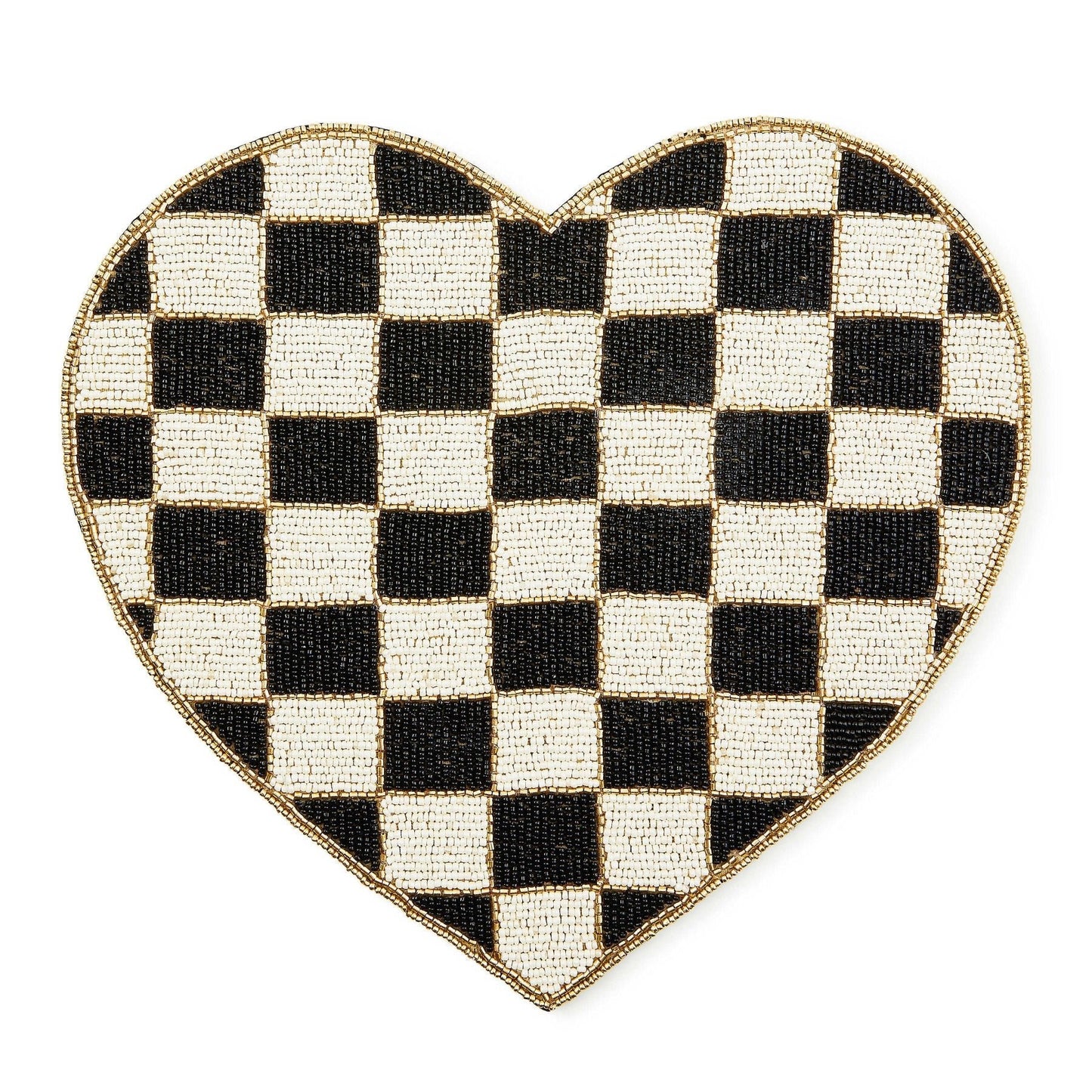 Prostírání ve tvaru srdce Black and White Check od MacKenzie-Childs, černo-bílý kostkovaný vzor, zdobené korálky, Waterfall Bathrooms.
