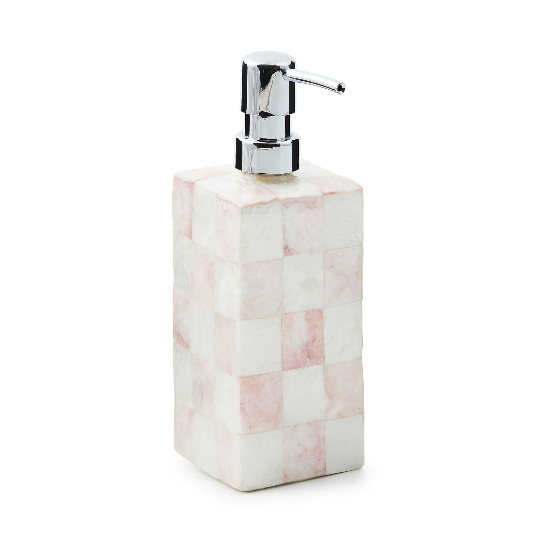 Dávkovač mýdla Capiz Rosy Check od MacKenzie-Childs, vkládaný růžový kostkovaný vzor na průsvitných lasturách capiz s perleťovým leskem, Waterfall Bathrooms.
