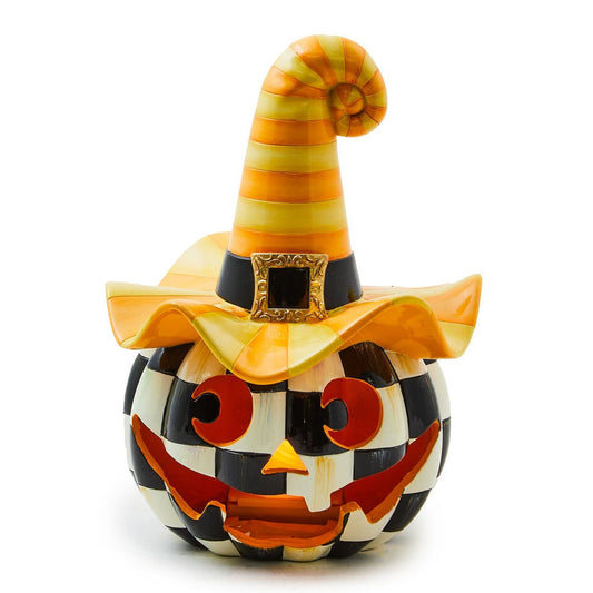 Dekorace halloweenská svítící dýně Happy Jack se žlutým kloboukem s kostkovaným vzorem, Waterfall Bathrooms.
