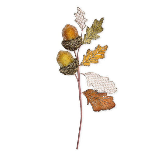 Podzimní dekorační zápich se žaludy a textilními listy s kávovým vzorem Mocha Check a třpytkami MacKenzie-Childs Waterfall Bathrooms