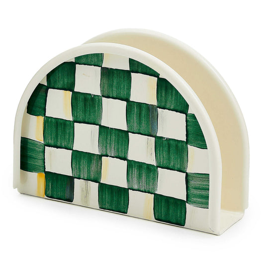 Držák na ubrousky Emerald Check od MacKenzie-Childs se zeleným kostkovaným vzorem, Waterfall Bathrooms.