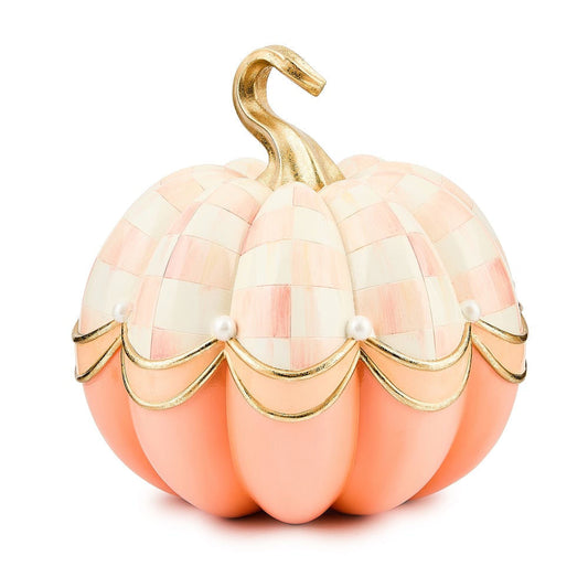 Dekorativní dýně Rosy Check Fairytale Swag od MacKenzie-Childs, růžové kostky, zlaté detaily, podzim, Halloween, Waterfall Bathrooms.
