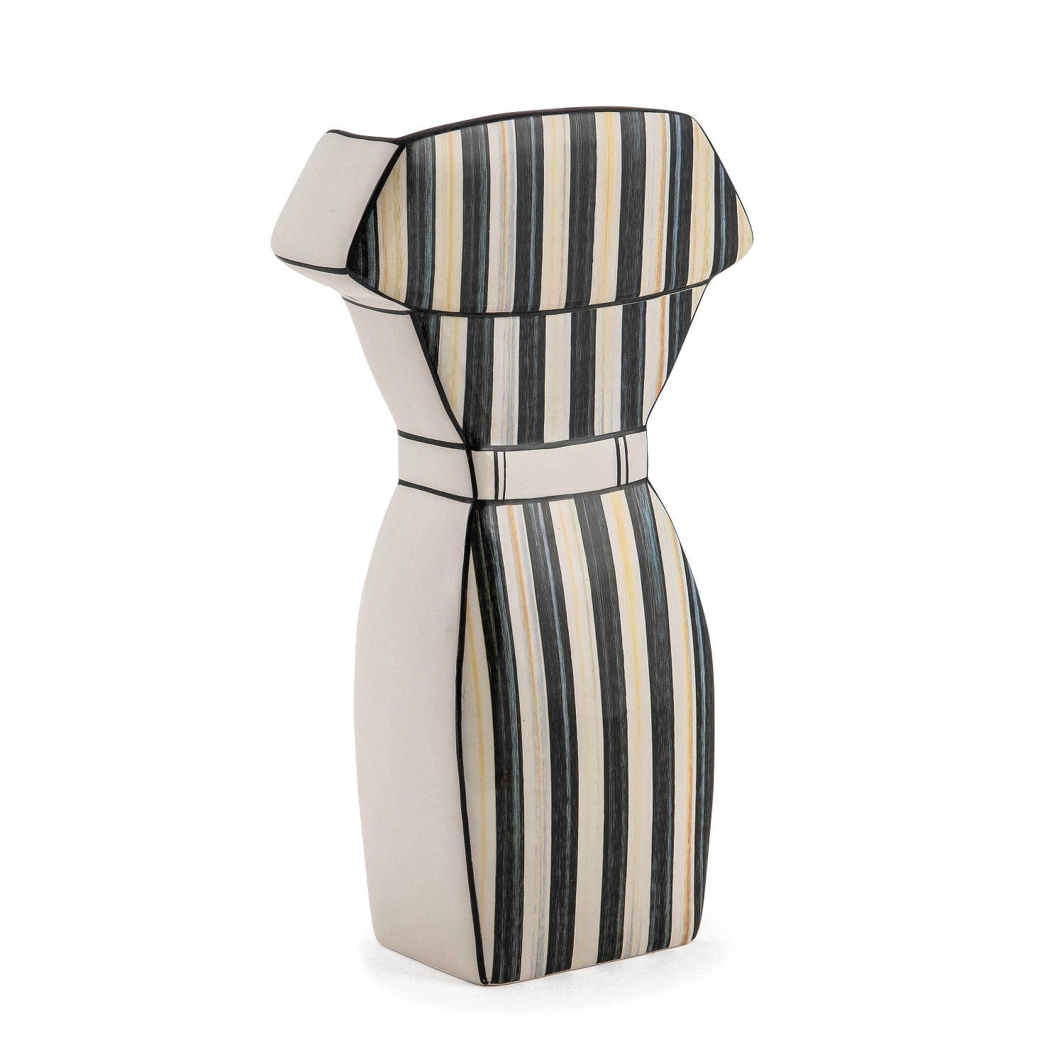 Keramická váza ve tvaru šatů Doodles, zdobená kreslenými motivy a černo-bílými proužky Courtly Stripe, Waterfall Bathrooms.
