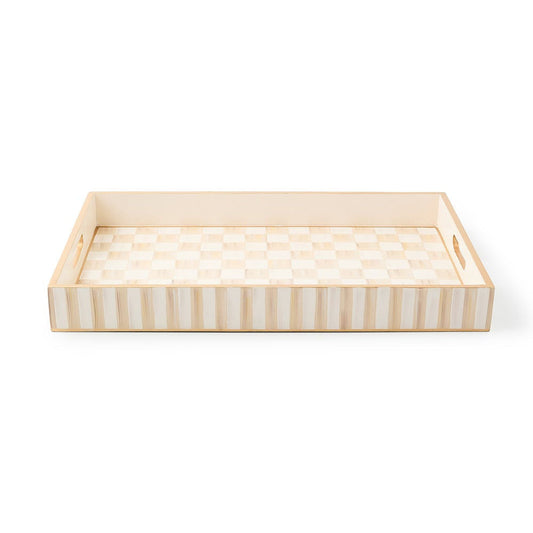 Luxusní ručně malovaný dřevěný servírovací podnos MacKenzie-Childs Mocha Check hnědo-bílý Waterfall Bathrooms
