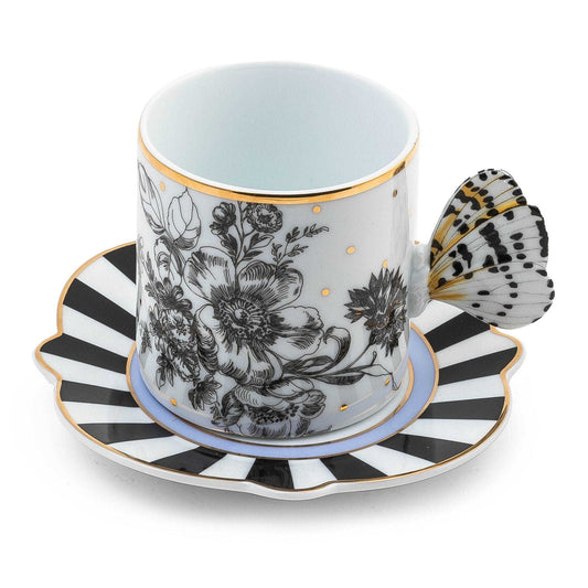 Luxusní keramický set hrnku a podšálku MacKenzie-Childs Butterfly Toile s uchem ve tvaru motýla a zlatým lemem Waterfall Bathrooms