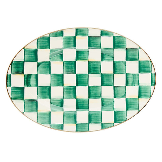 Luxusní malý oválný kostkovaný servírovací podnos MacKenzie-Childs Emerald Check ze smaltované oceli smaragdově zelený Waterfall Bathrooms