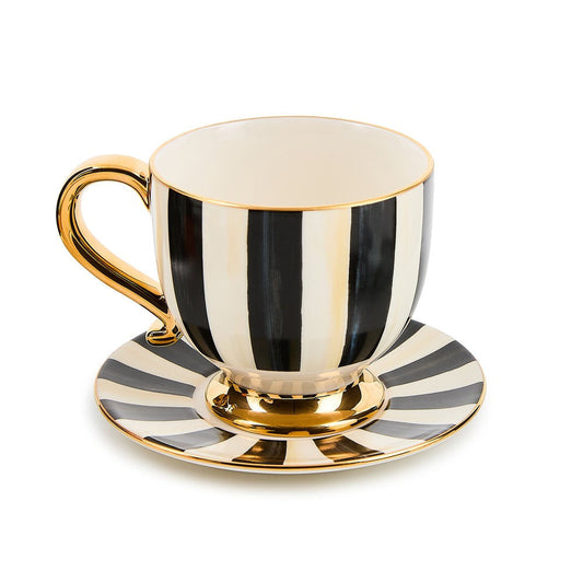 Luxusní porcelánový šálek na cappuccino s podšálkem MacKenzie-Childs Courtly Stripe černobílý se zlatem Waterfall Bathrooms