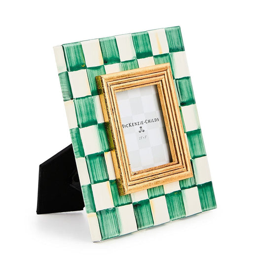 Luxusní malý kostkovaný fotorámeček MacKenzie-Childs Emerald Check ze silnostěnné smaltované oceli smaragdově zelený Waterfall Bathrooms