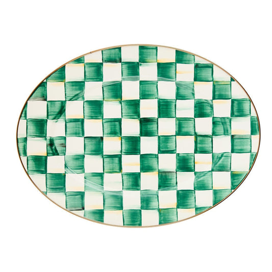 Luxusní střední oválný kostkovaný servírovací podnos MacKenzie-Childs Emerald Check ze smaltované oceli smaragdově zelený Waterfall Bathrooms