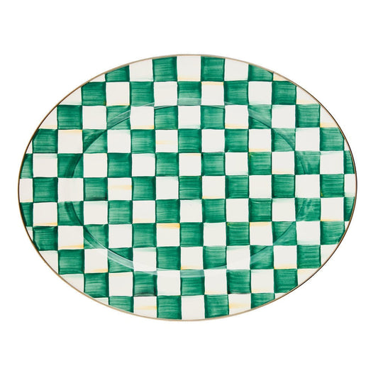 Luxusní velký oválný kostkovaný servírovací podnos MacKenzie-Childs Emerald Check ze smaltované oceli smaragdově zelený Waterfall Bathrooms