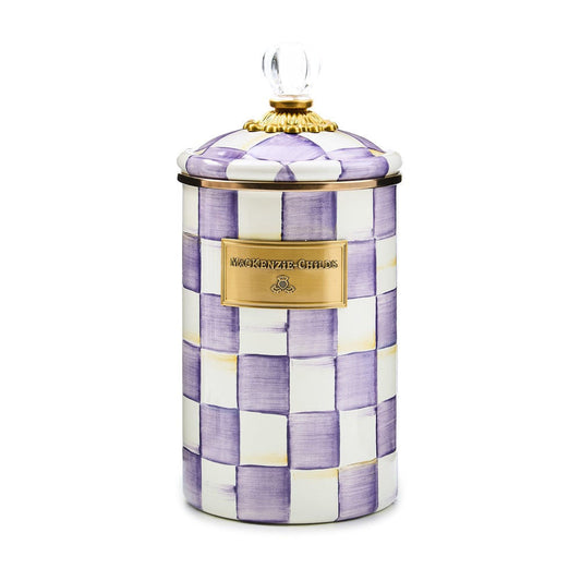 Velká luxusní dóza MacKenzie-Childs s fialovým kostkovaným vzorem Violet Check a bronzovým lemováním.
