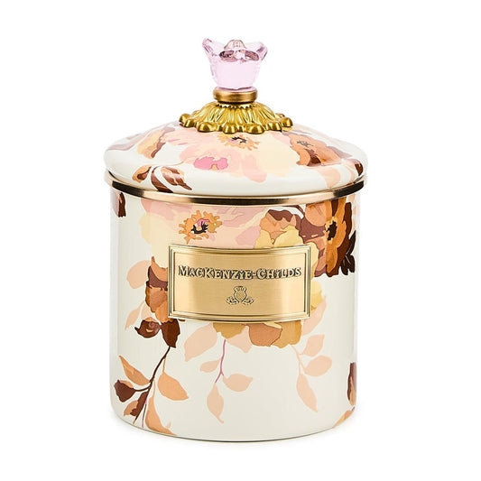 Malá dóza Wild Rose White od MacKenzie-Childs s ručně malovaným květinovým vzorem, Waterfall Bathrooms.
