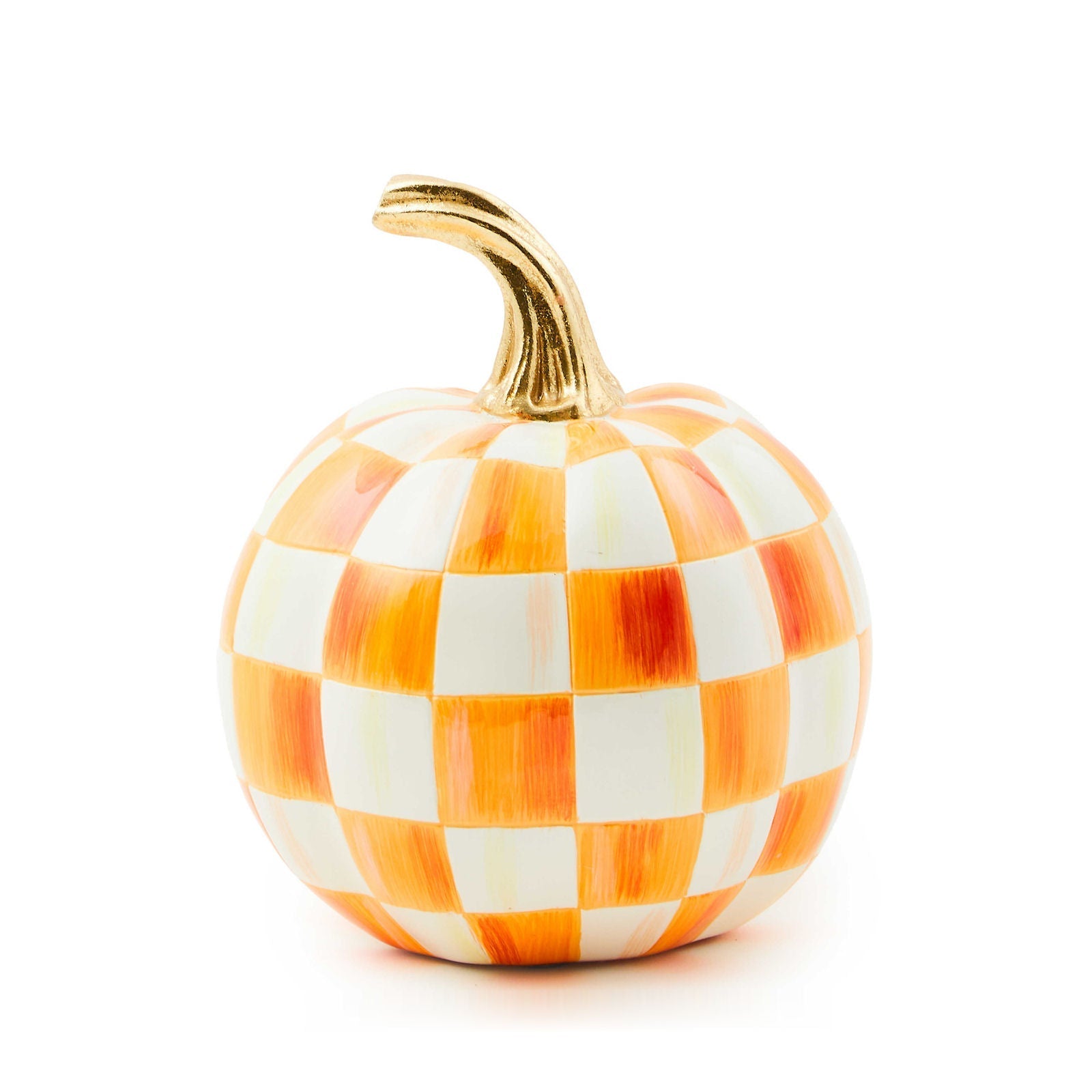 Mini dýně Orange Check od MacKenzie-Childs, ručně malovaná oranžovým kostkovaným vzorem se zlatým stonkem, Waterfall Bathrooms.
