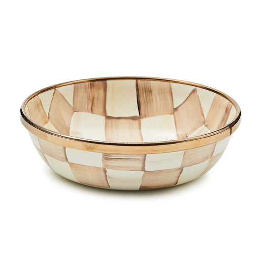 Ručně malovaná ocelová mistička na pochutiny s hnědými kostkami a bronzovým okrajem Mocha Check Relish Dish MacKenzie-Childs Waterfall Bathrooms