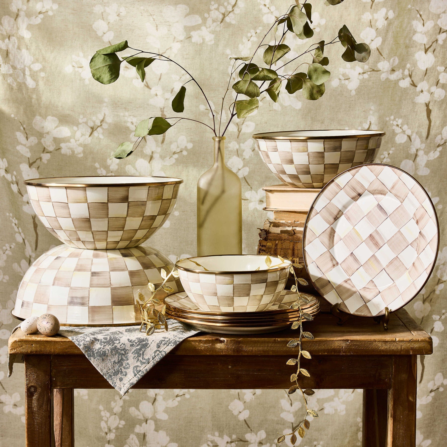 Luxusní smaltované mísy Mocha Check hnědé béžové MacKenzie-Childs