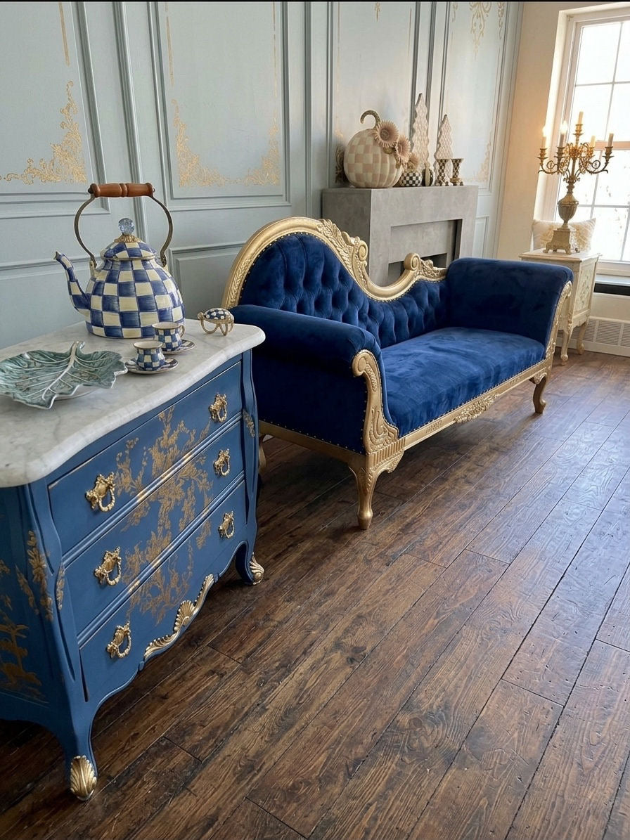 Zlaté zámecké sofa v pařížské modré