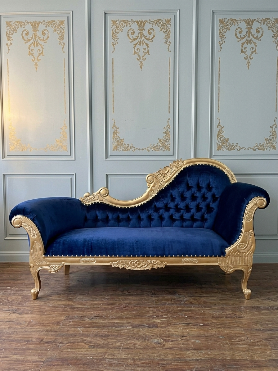 Zlaté zámecké sofa v pařížské modré