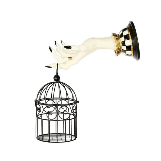 Strašidelná nástěnná dekorace ve tvaru ruky držící lucernu s černo-bílými detaily Courtly Check MacKenzie-Childs Waterfall Bathrooms