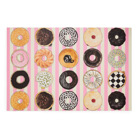 Rohožka Donut od MacKenzie-Childs, s barevným vzorem koblih na světlém pozadí, vyrobená z protiskluzového vinylu, Waterfall Bathrooms.