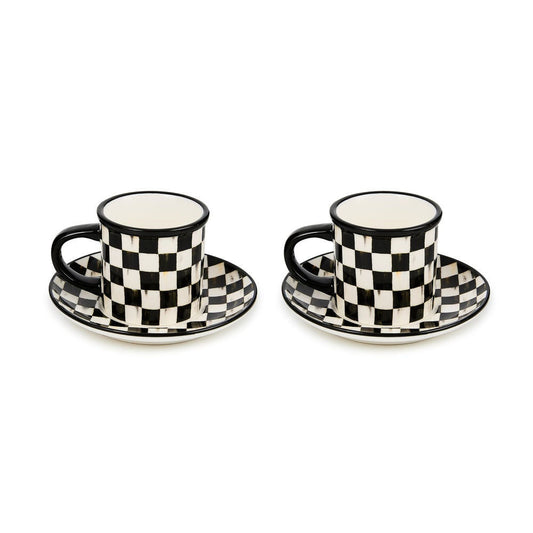 MacKenzie-Childs Sada šálků a podšálků na espresso Courtly Check, 2 ks, kamenina, černobílý vzor, 119 ml, Waterfall Bathrooms