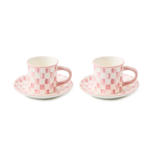 MacKenzie-Childs Sada šálků a podšálků na espresso Rosy Check, 2 ks, kamenina, růžový vzor, 119 ml, Waterfall Bathrooms