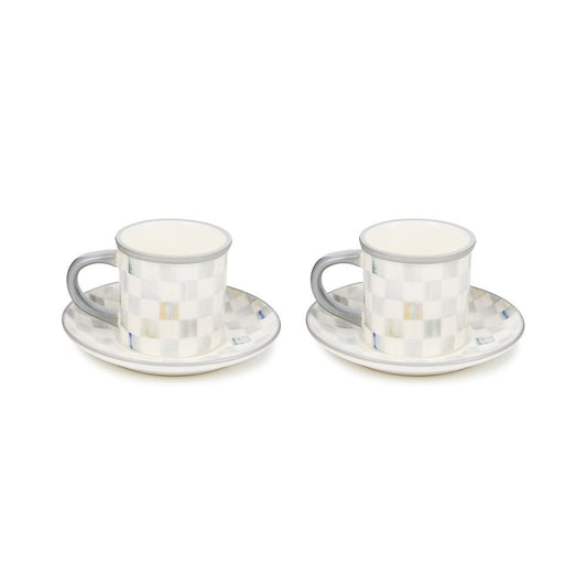 MacKenzie-Childs Sada šálků a podšálků na espresso Sterling Check, 2 ks, kamenina, šedý vzor, 119 ml, Waterfall Bathrooms