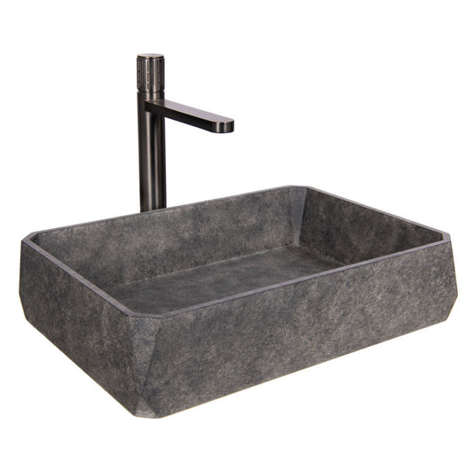 Šedé umyvadlo na desku s šedou baterií Gun Metal