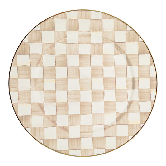 Velký ručně malovaný ocelový podnos s kávovými kostkami a bronzovým okrajem Mocha Check Serving Platter MacKenzie-Childs Waterfall Bathrooms