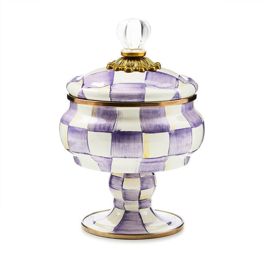 Luxusní smaltovaná dóza na nožce Violet Check Curiosity Pot MacKenzie-Childs s fialovým vzorem Waterfall Bathrooms