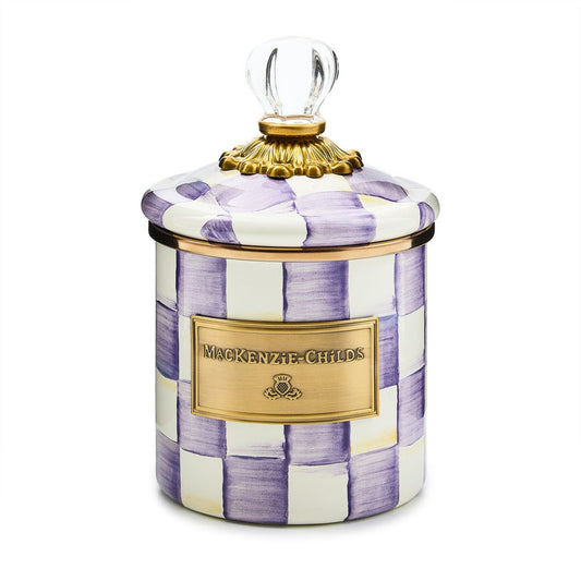 Malá smaltovaná dóza Violet Check Demi Canister MacKenzie-Childs s fialovo-bílým kostkovaným vzorem Waterfall Bathrooms