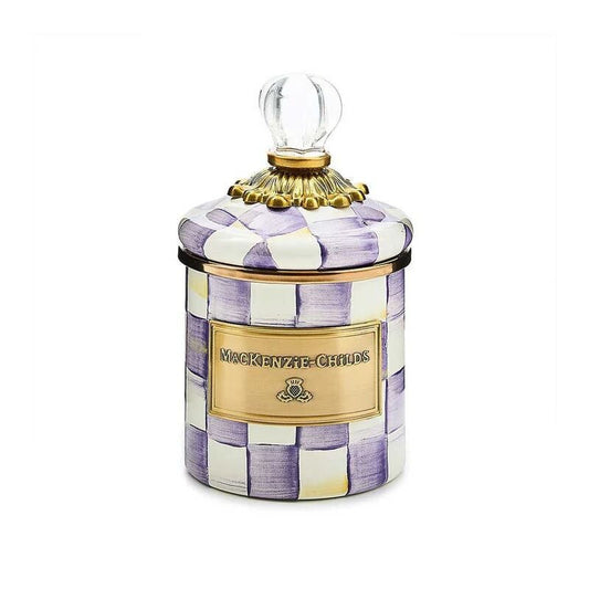 Malinká smaltovaná dóza Violet Check Mini Canister MacKenzie-Childs s fialovo-bílým kostkovaným vzorem Waterfall Bathrooms