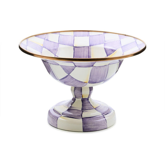 Luxusní fialovo-bílá smaltovaná mísa na nožce Violet Check Small od MacKenzie-Childs s bronzovým okrajem Waterfall Bathrooms