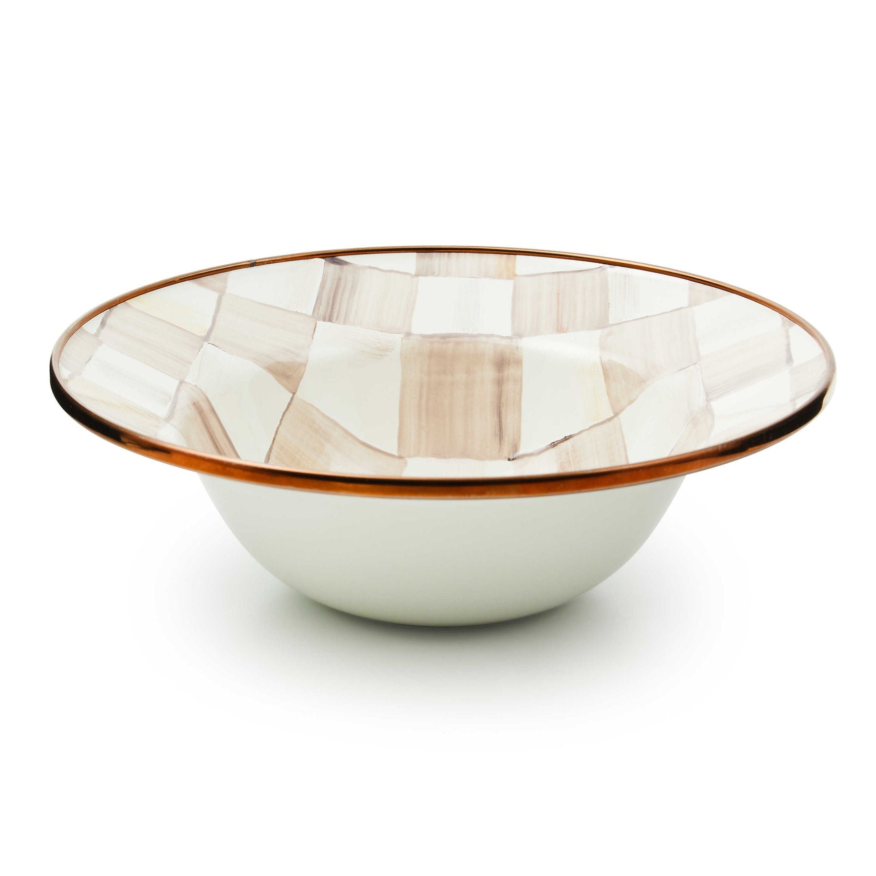 Smaltovaná snídaňová miska Mocha Check od MacKenzie-Childs s kávovým kostkovaným vzorem, Waterfall Bathrooms.