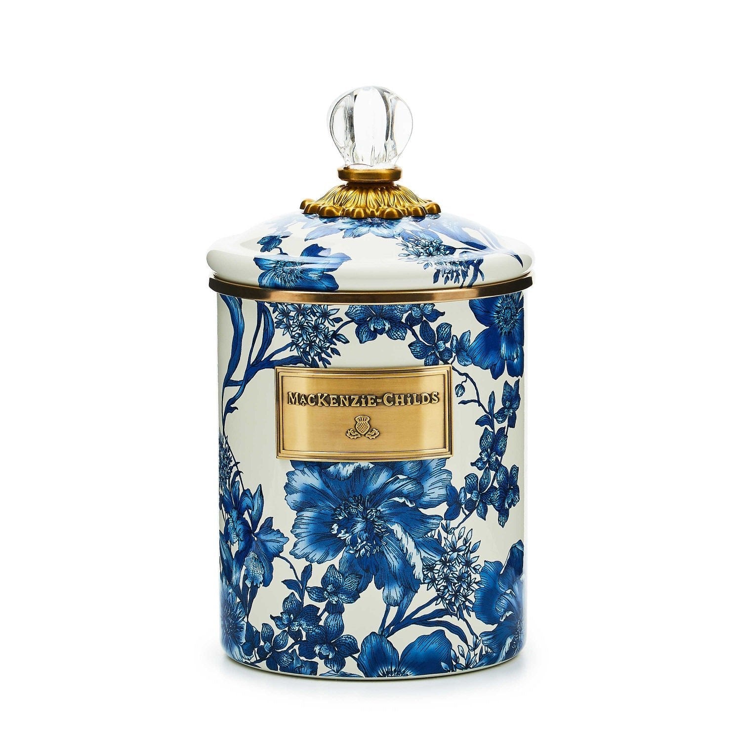 Střední smaltovaná dóza Royal English Garden od MacKenzie-Childs s víkem a modrými květinovými obtisky, Waterfall Bathrooms.