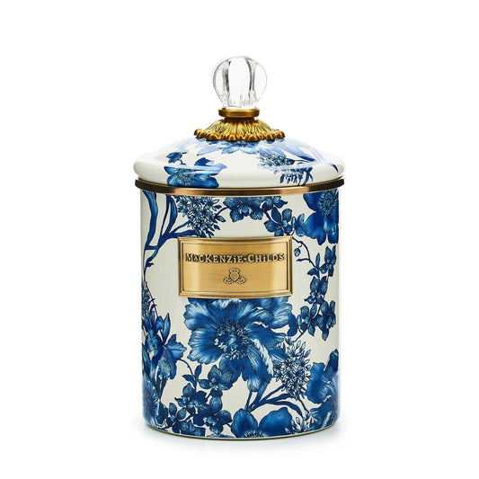 Střední smaltovaná dóza Royal English Garden od MacKenzie-Childs s víkem a modrými květinovými obtisky, Waterfall Bathrooms.