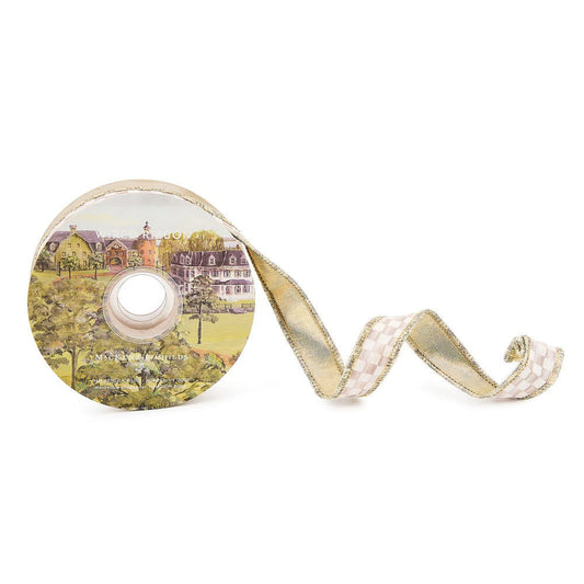 Luxusní dekorační stuha s hnědými kostkami a zlatou rubovou stranou Mocha Check Ribbon MacKenzie-Childs Waterfall Bathrooms